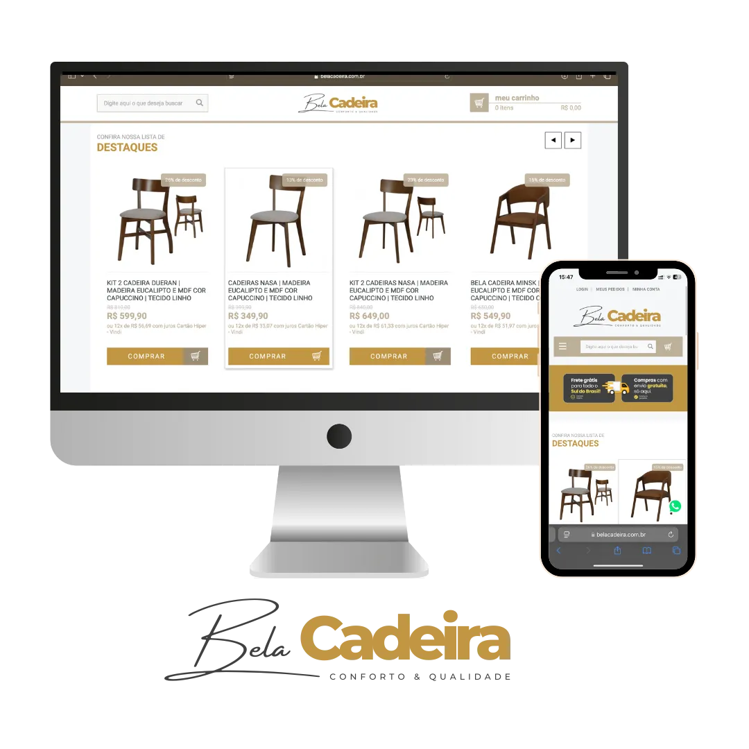 Loja virtual desenvolvido para Bela Cadeira, visto no computador e no celular