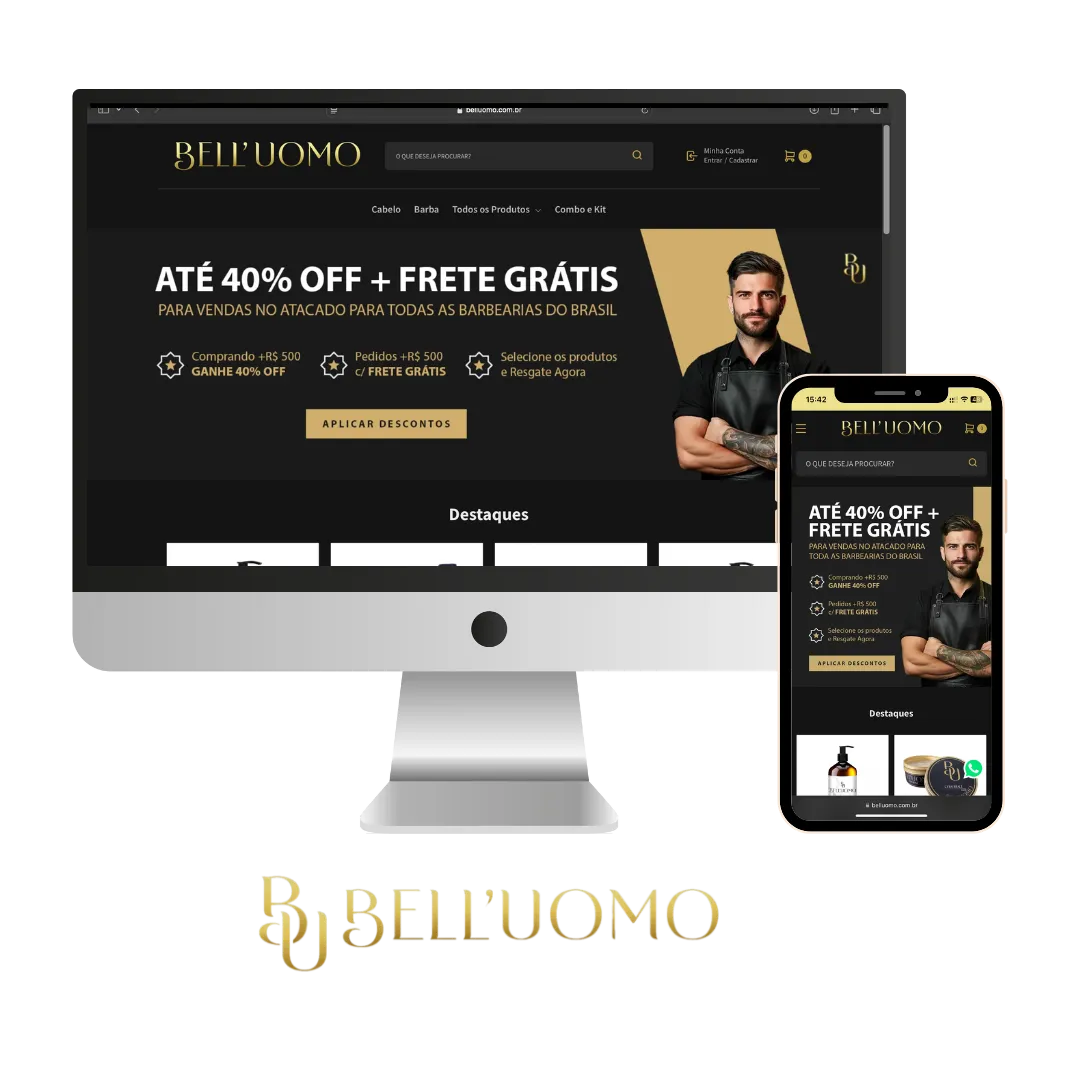 Loja virtual desenvolvido para Bell'Uomo, visto no computador e no celular