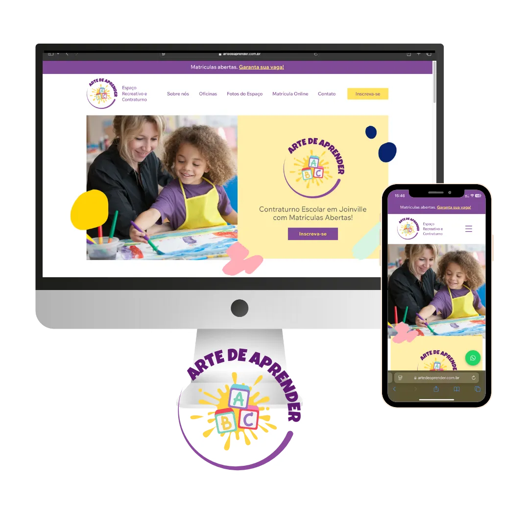 Landing page desenvolvido para Arte de Aprender, visto no computador e no celular