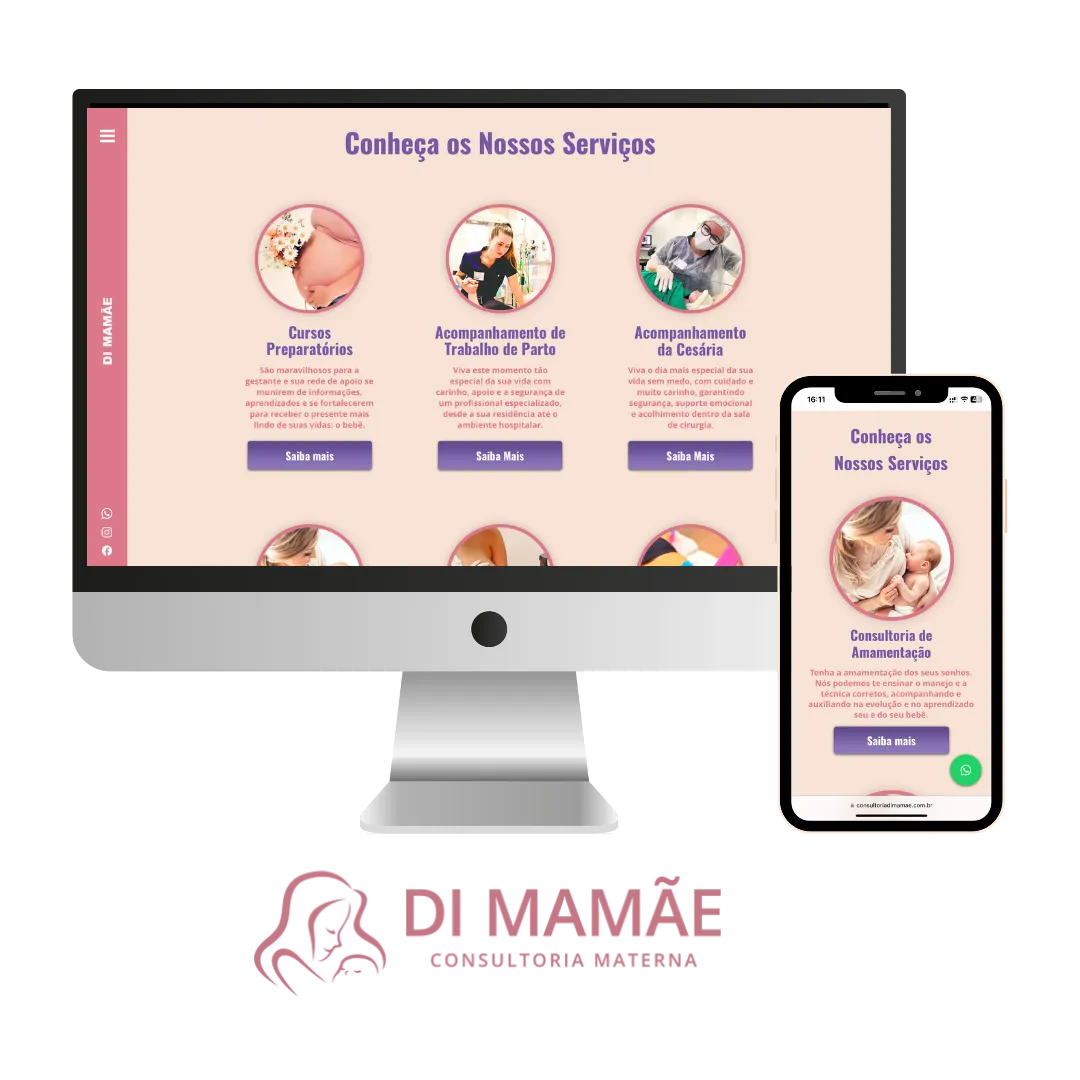 Landing page desenvolvido para Di Mamãe, visto no computador e no celular