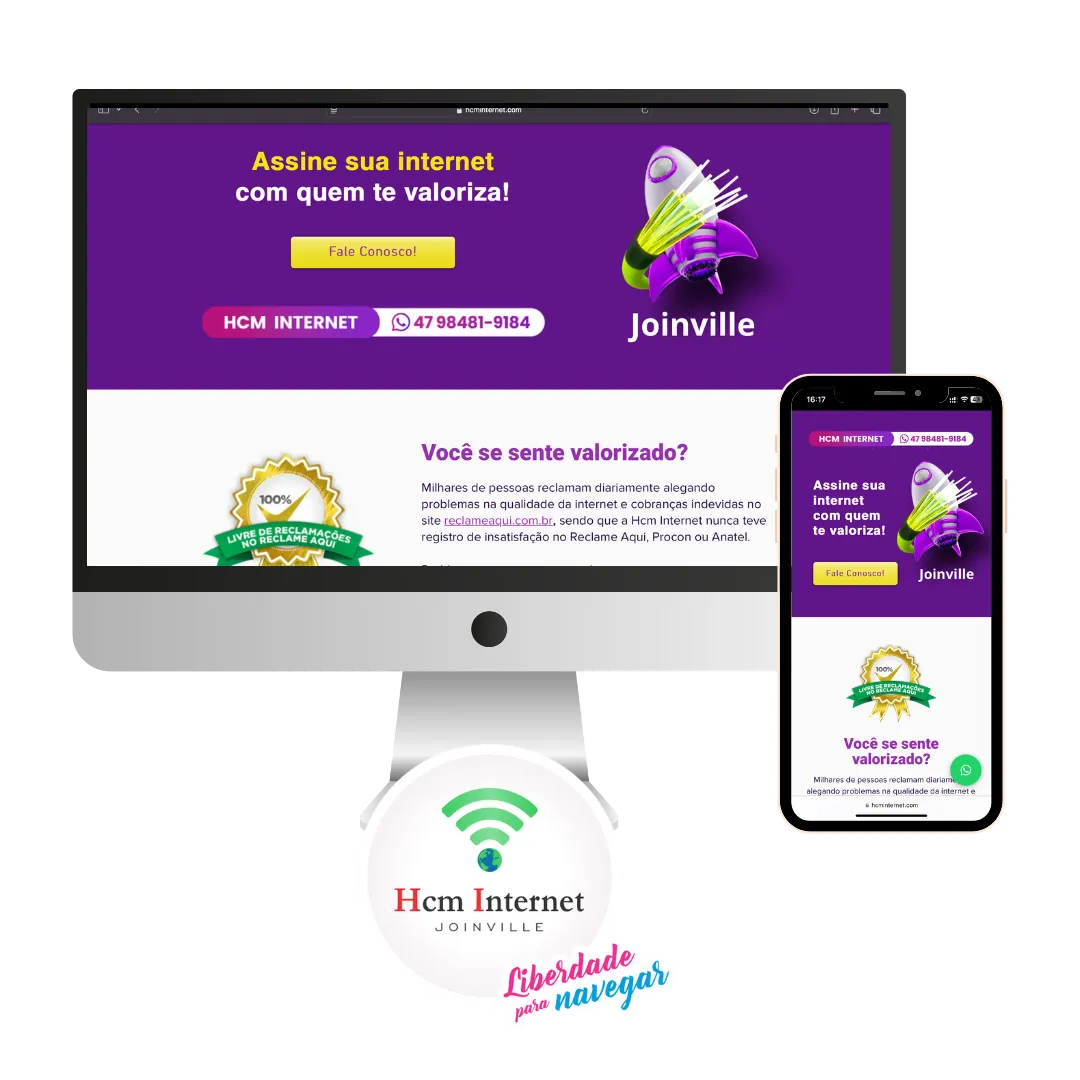 Landing page desenvolvido para Hcm Internet, visto no computador e no celular