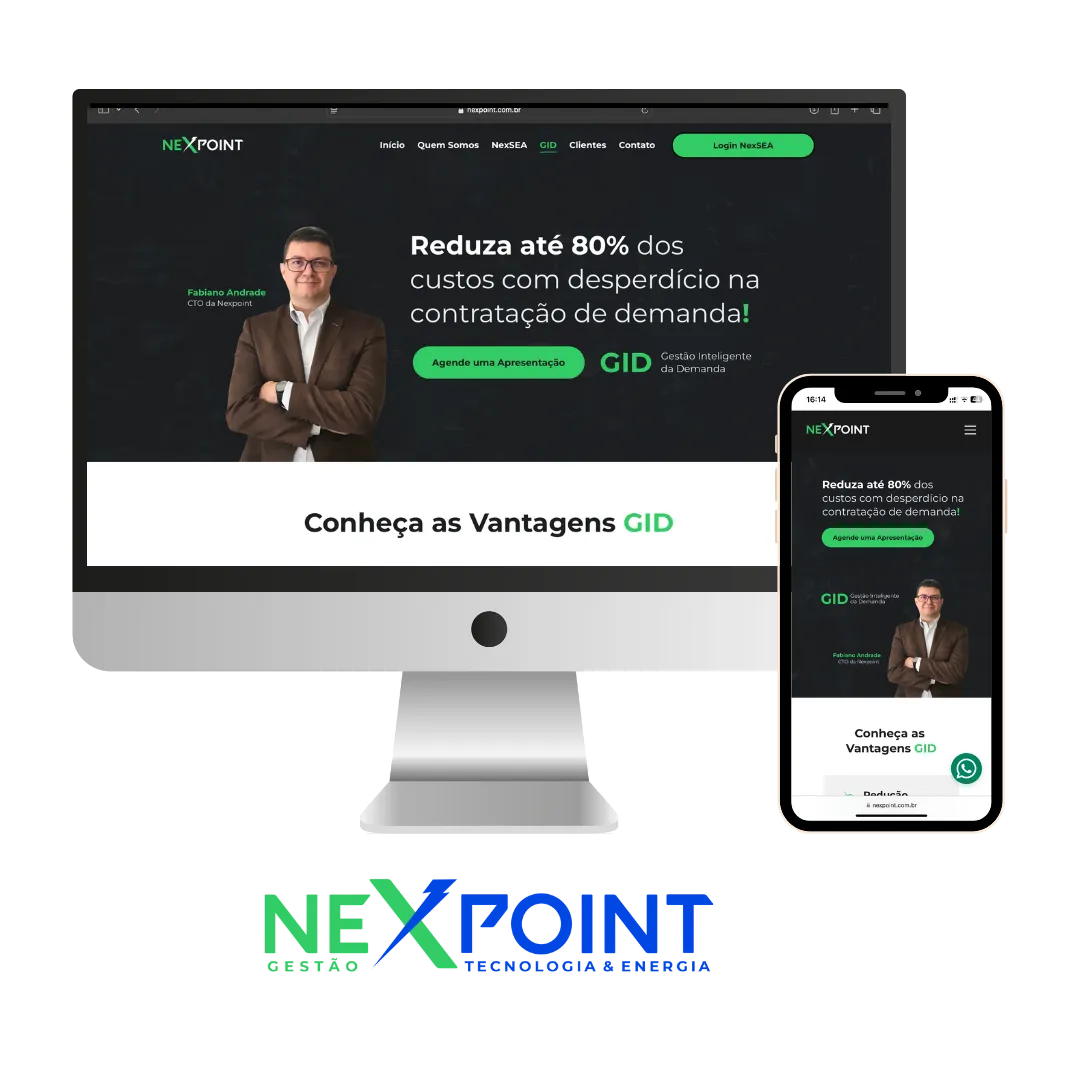 Landing page desenvolvido para Nexpoint GID, visto no computador e no celular