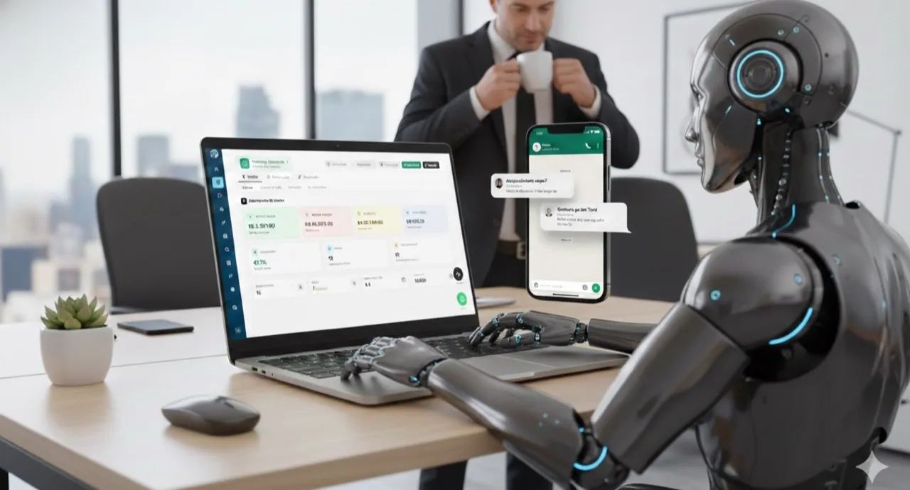 Agente de IA operando o CRM com WhatsApp em um escritório
