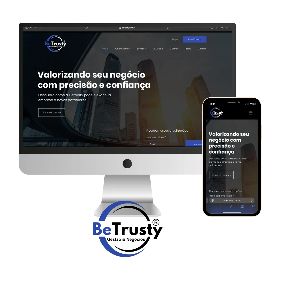 Website desenvolvido para BeTrusty, visto no computador e no celular