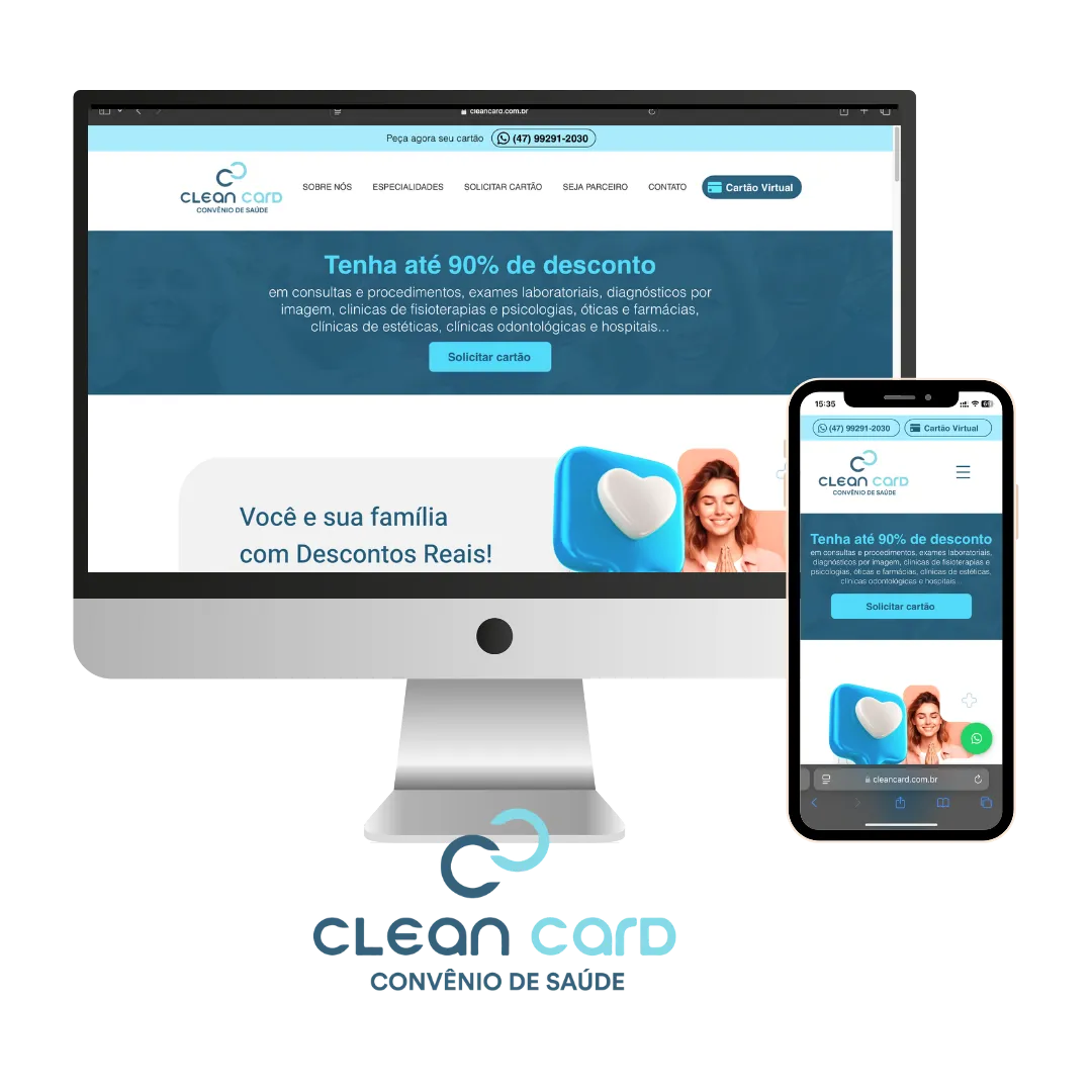 Website desenvolvido para Clean Card, visto no computador e no celular