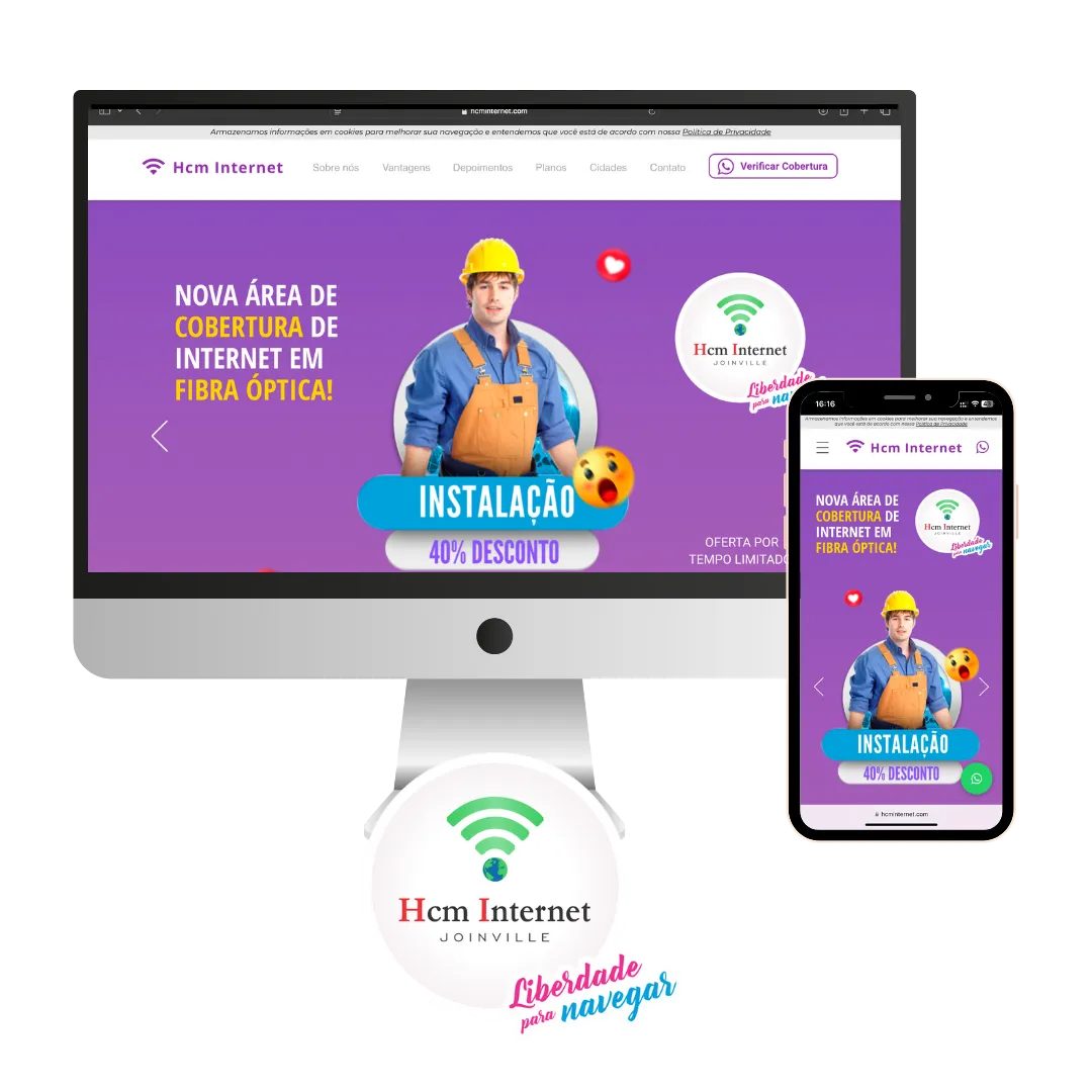 Website desenvolvido para Hcm Internet, visto no computador e no celular