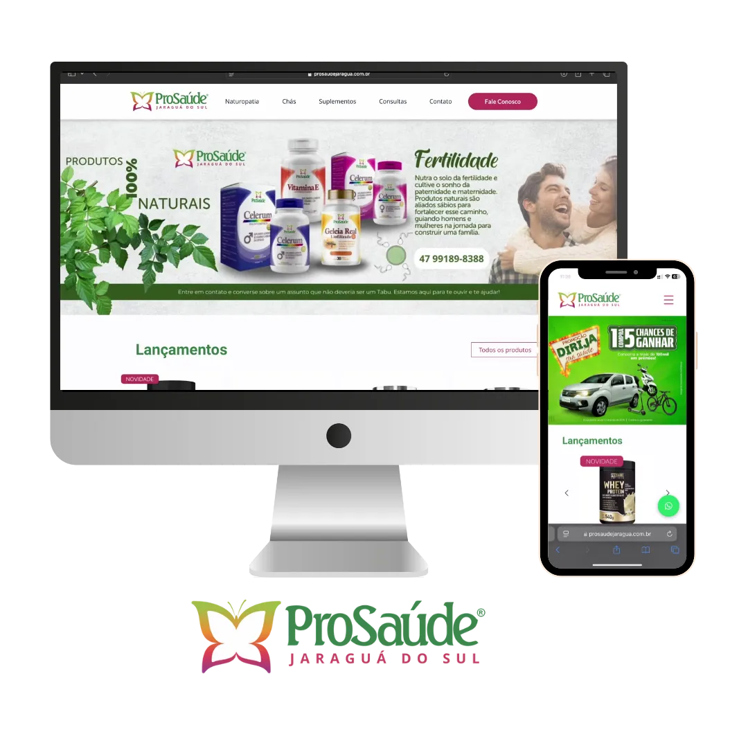 Website desenvolvido para ProSaúde, visto no computador e no celular