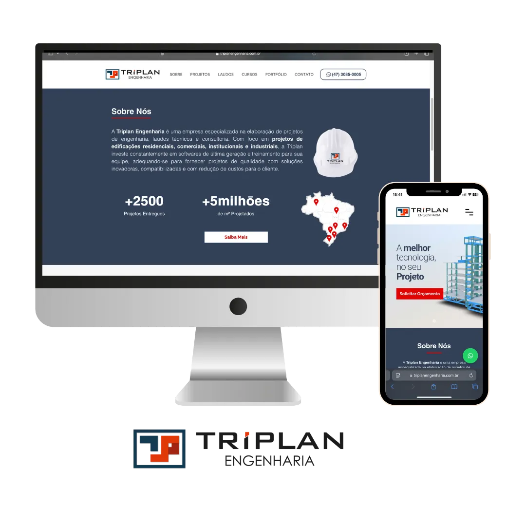 Website desenvolvido para Triplan Engenharia, visto no computador e no celular